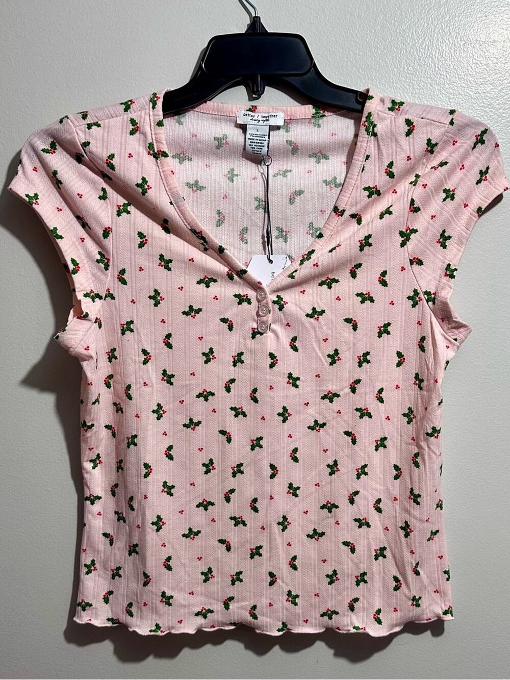 Better Together Dreamy Nights Holiday Ribbed Henley Crop PJ Top Size L (1256)